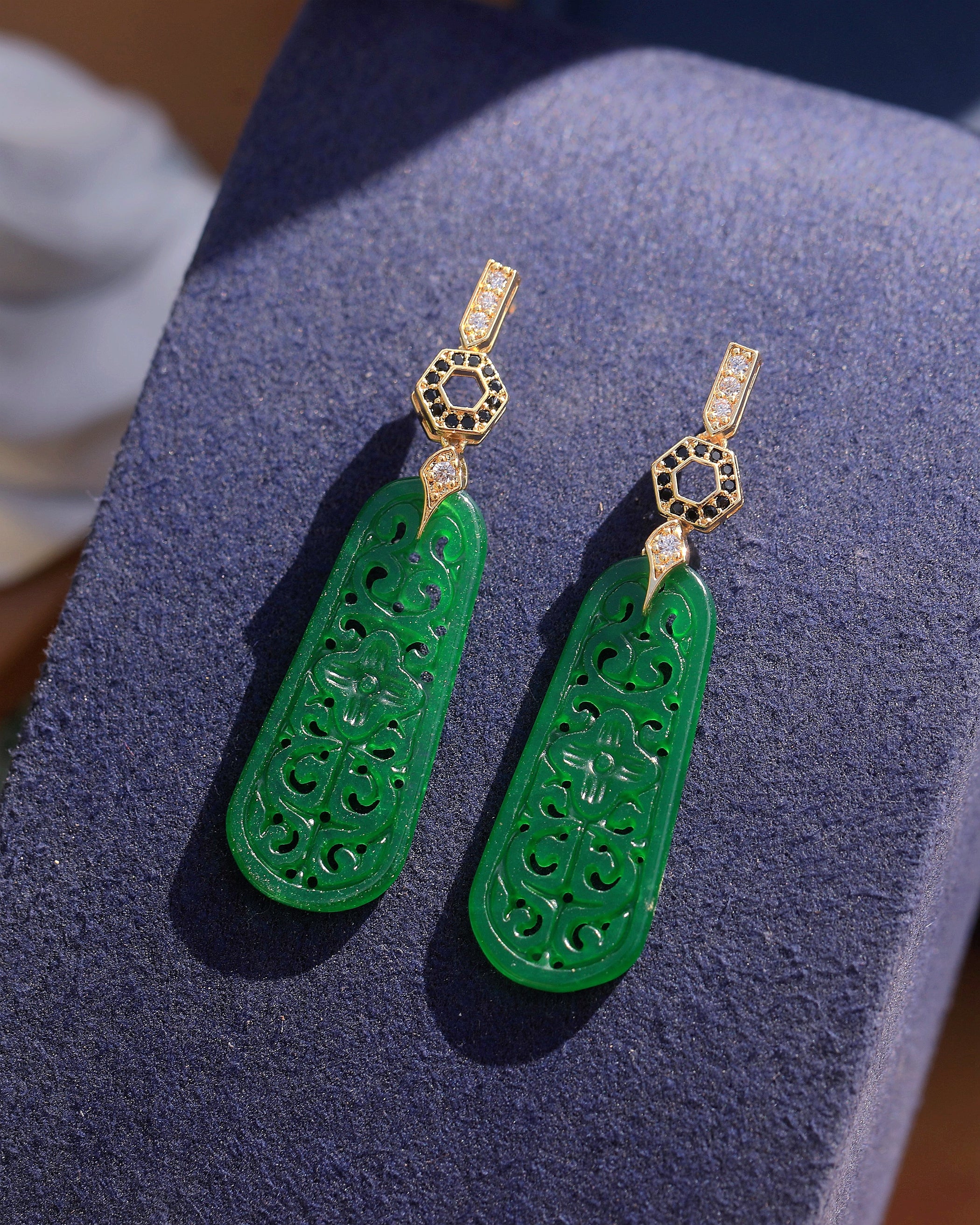 Earrings Post Clip on Green Jade CZ Noir SB2