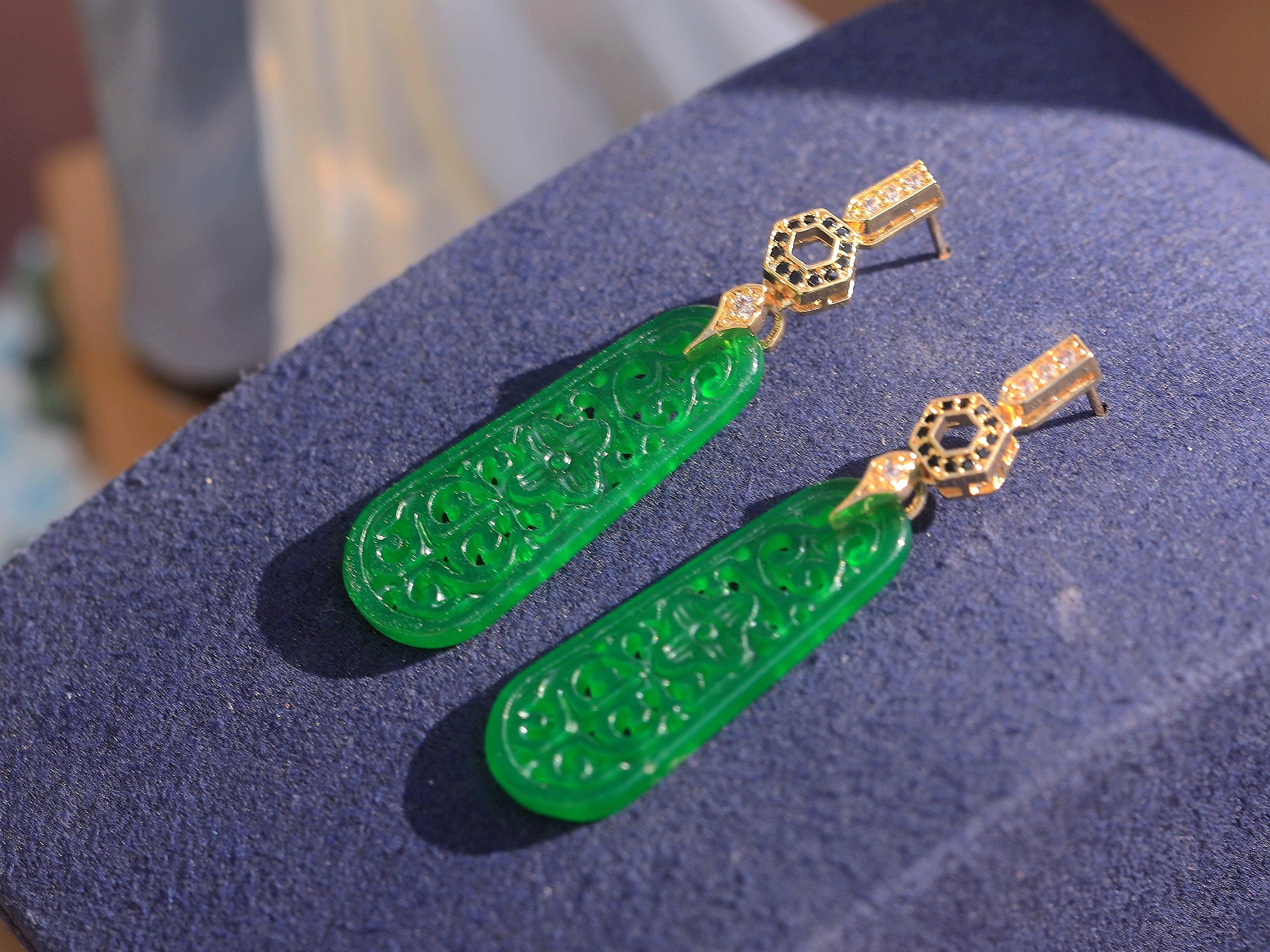 Earrings Post Clip on Green Jade CZ Noir SB2