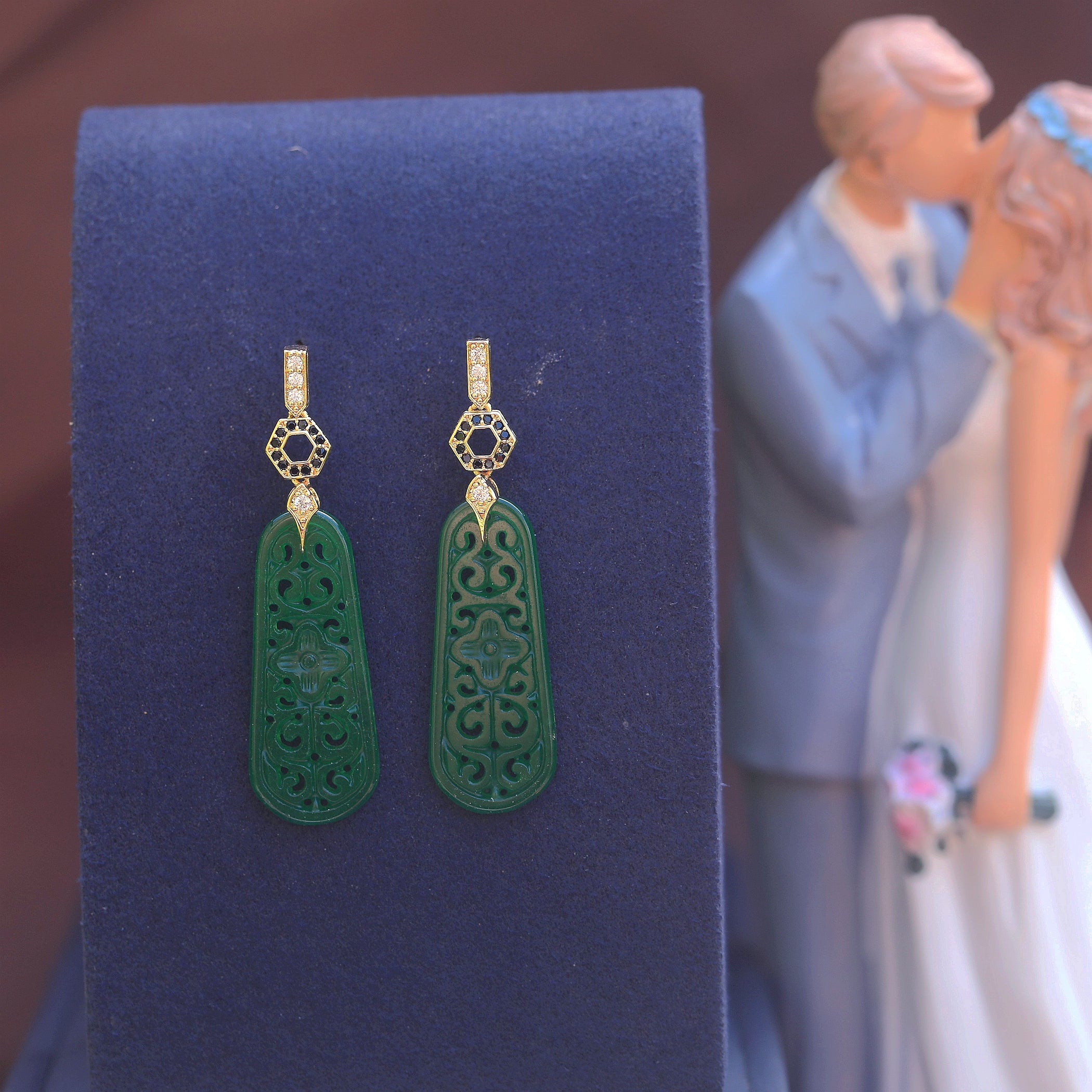 Earrings Post Clip on Green Jade CZ Noir SB2