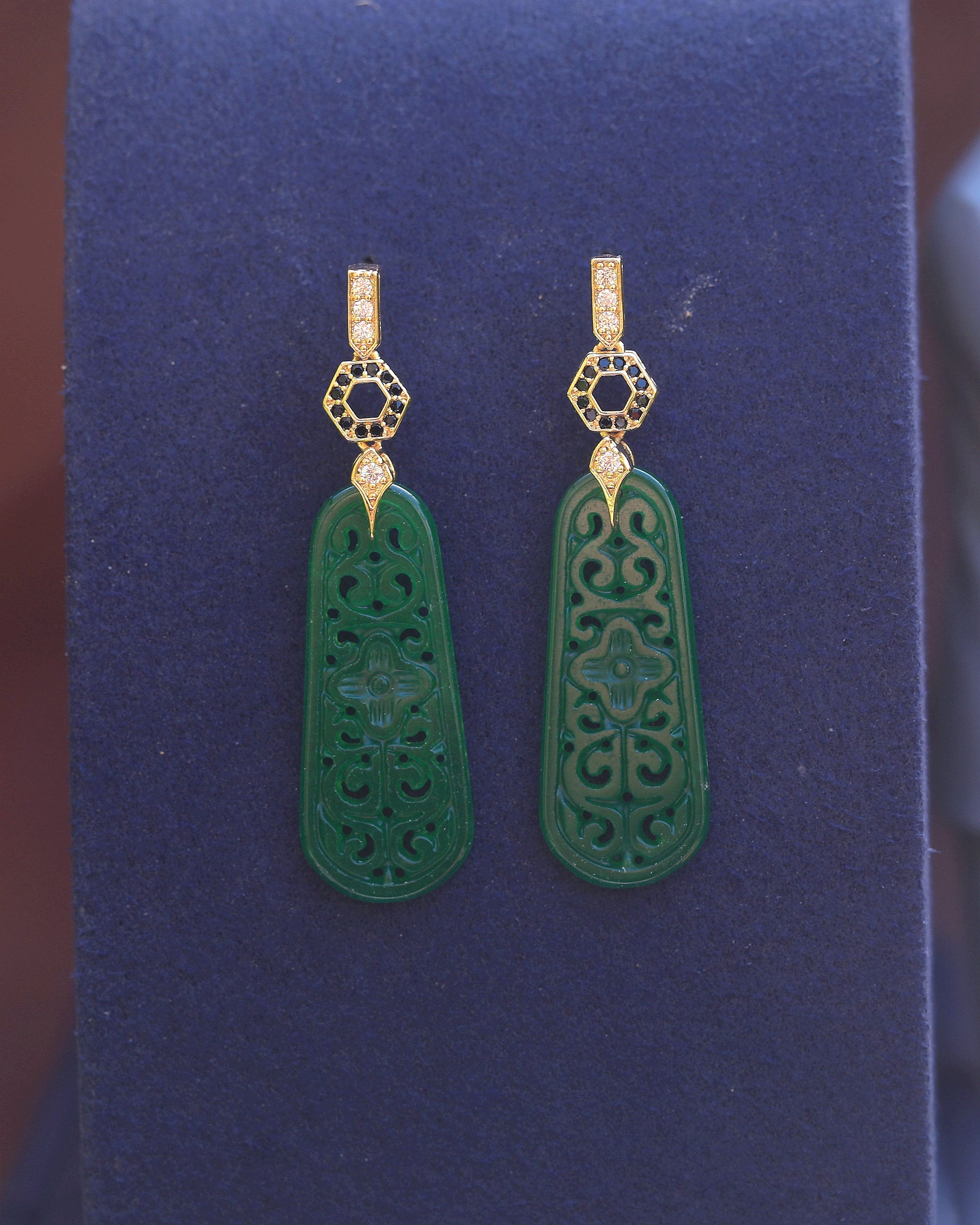 Earrings Post Clip on Green Jade CZ Noir SB2