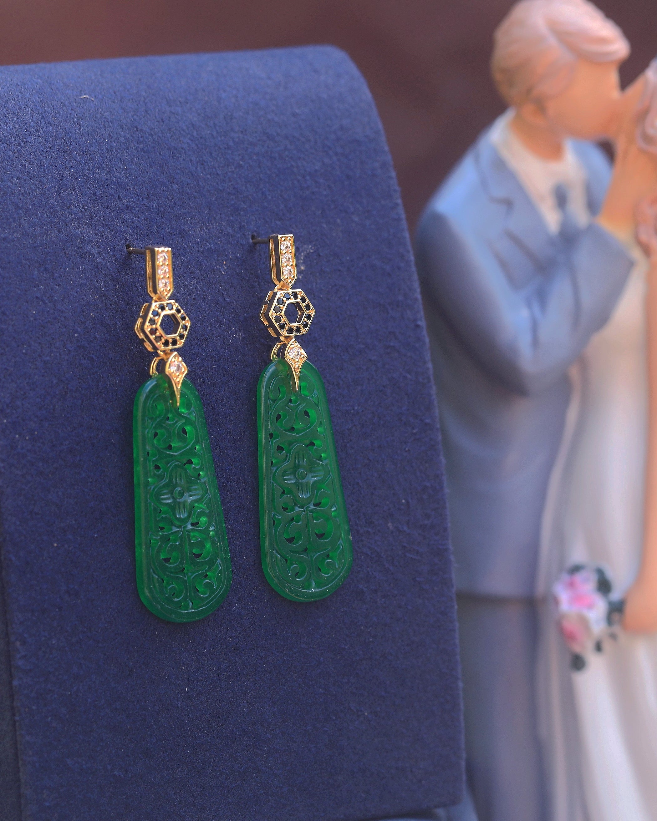 Earrings Post Clip on Green Jade CZ Noir SB2