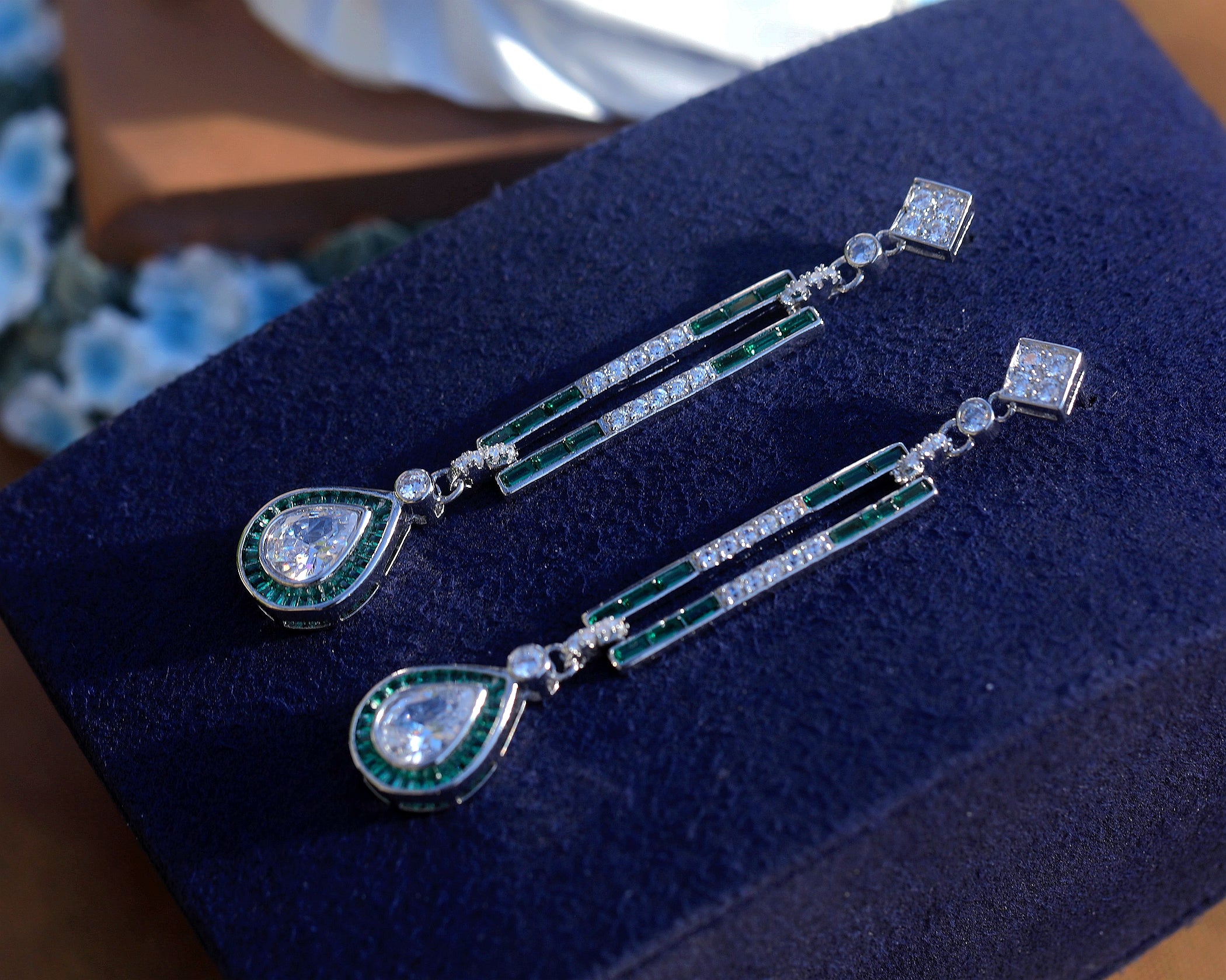 Earrings Post Clip on Silver Rectangle CZ White Green Blue SB1