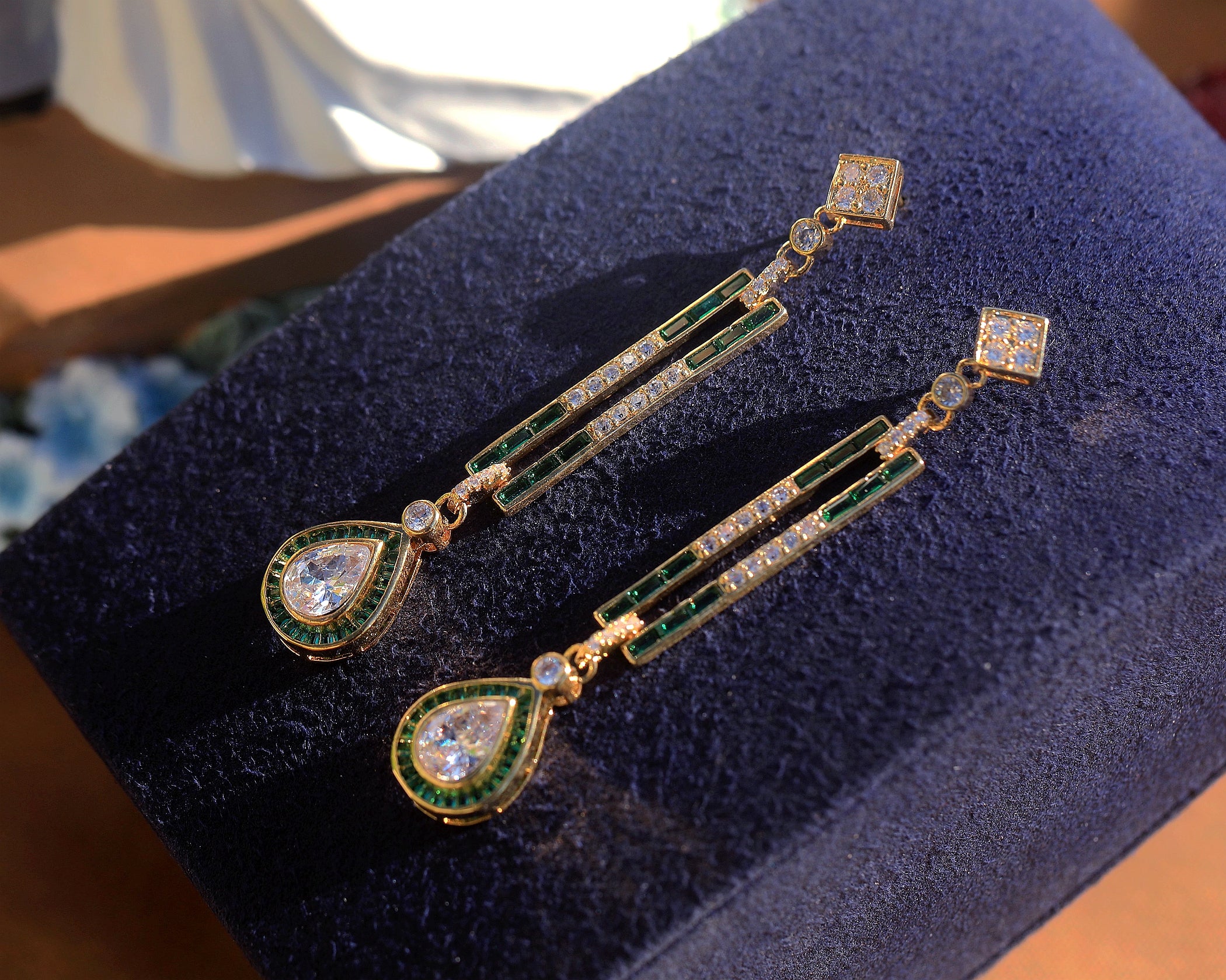 Earrings Post Clip on Gold Rectangle CZ Green Blue SB1