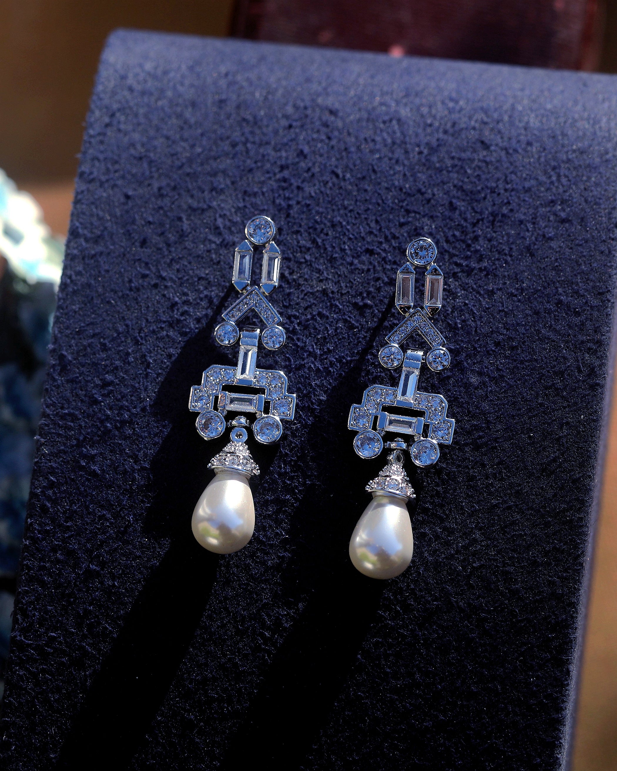 Earrings Post Clip on Silver Art Deco Pearl CZ White Green Blue SB1