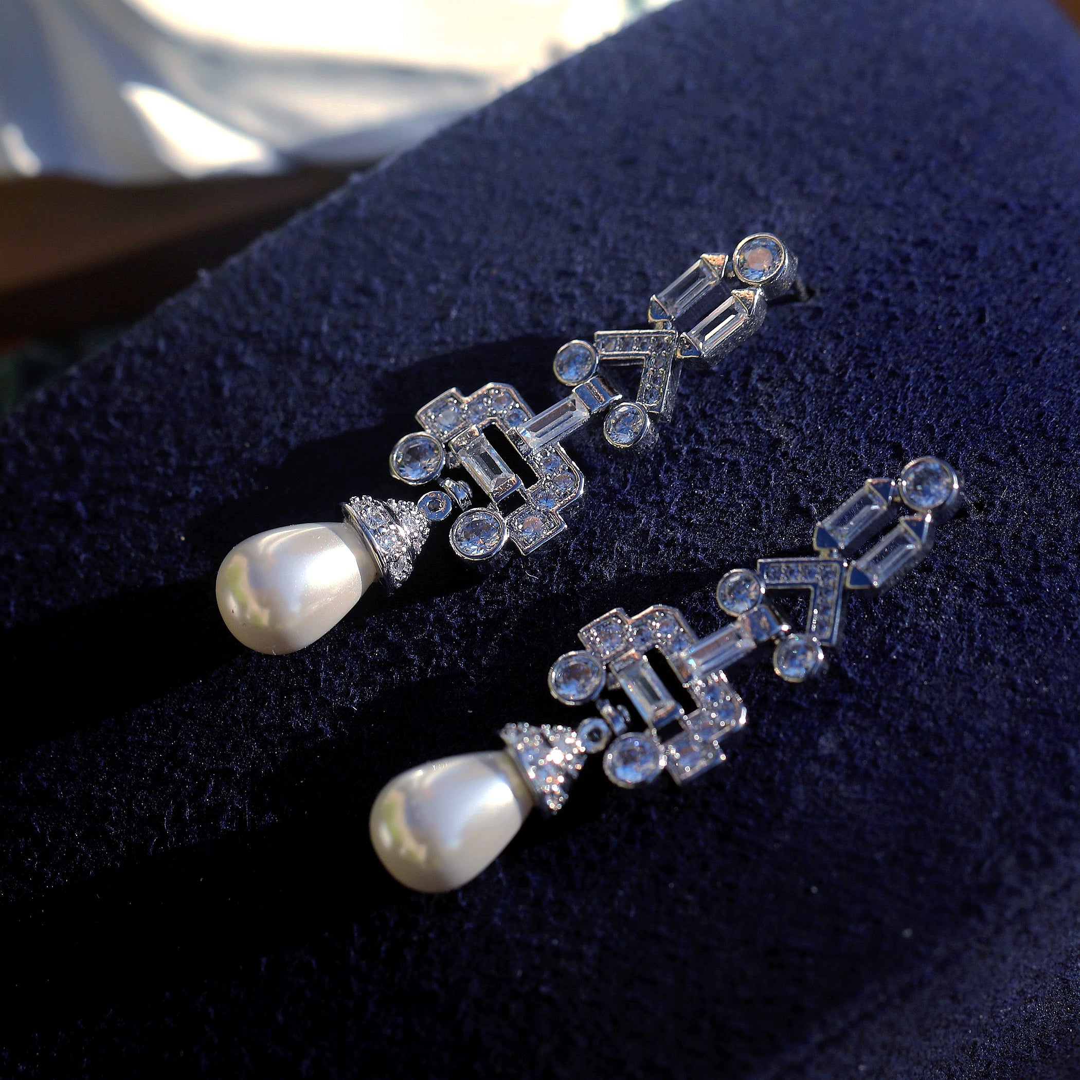 Earrings Post Clip on Silver Art Deco Pearl CZ White Green Blue SB1