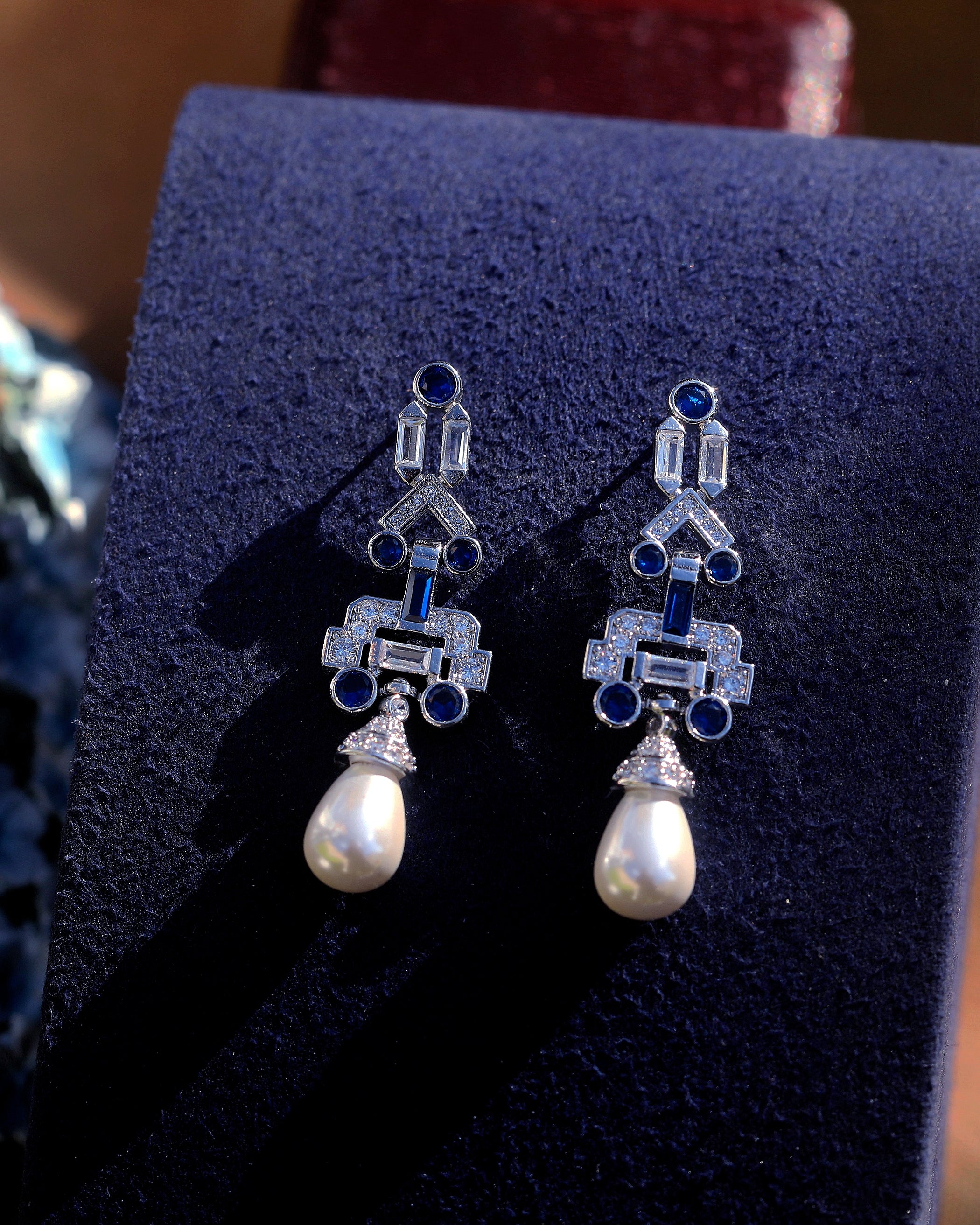 Earrings Post Clip on Silver Art Deco Pearl CZ White Green Blue SB1