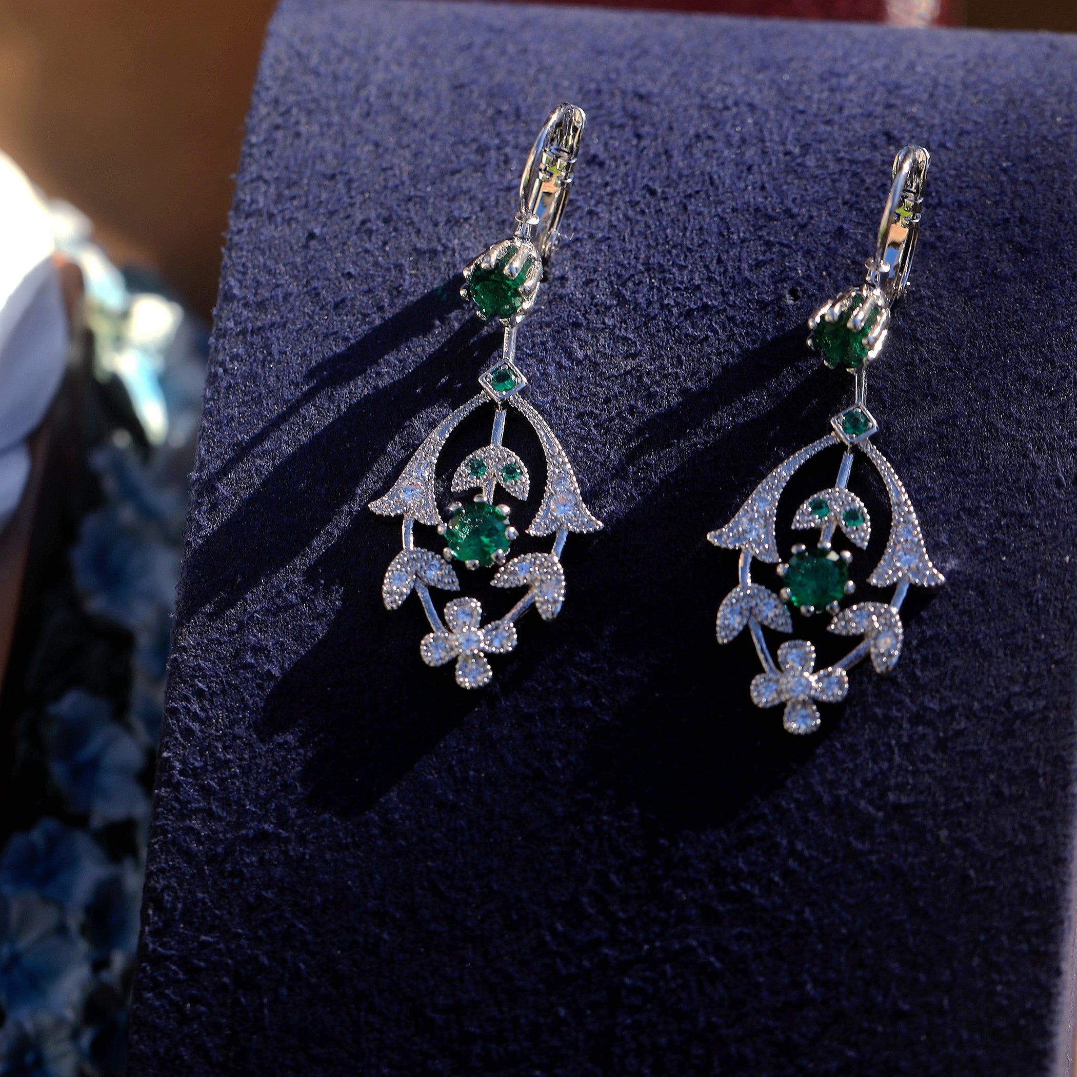 Earrings Lever Back Silver Lily Flower CZ White Green Blue SB1