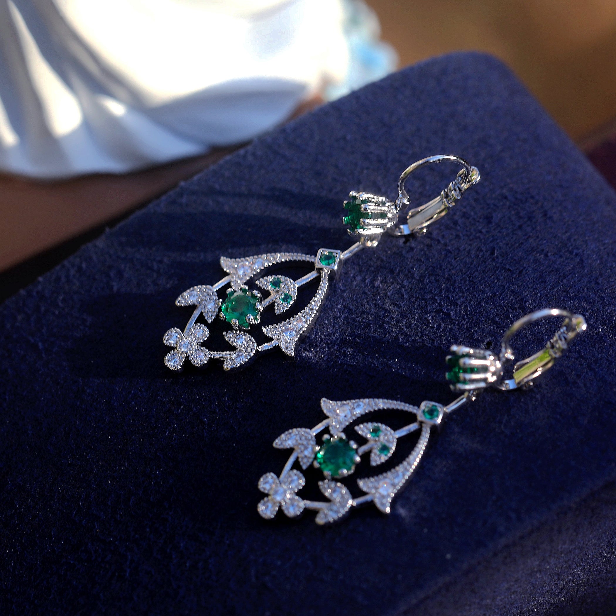 Earrings Lever Back Silver Lily Flower CZ White Green Blue SB1