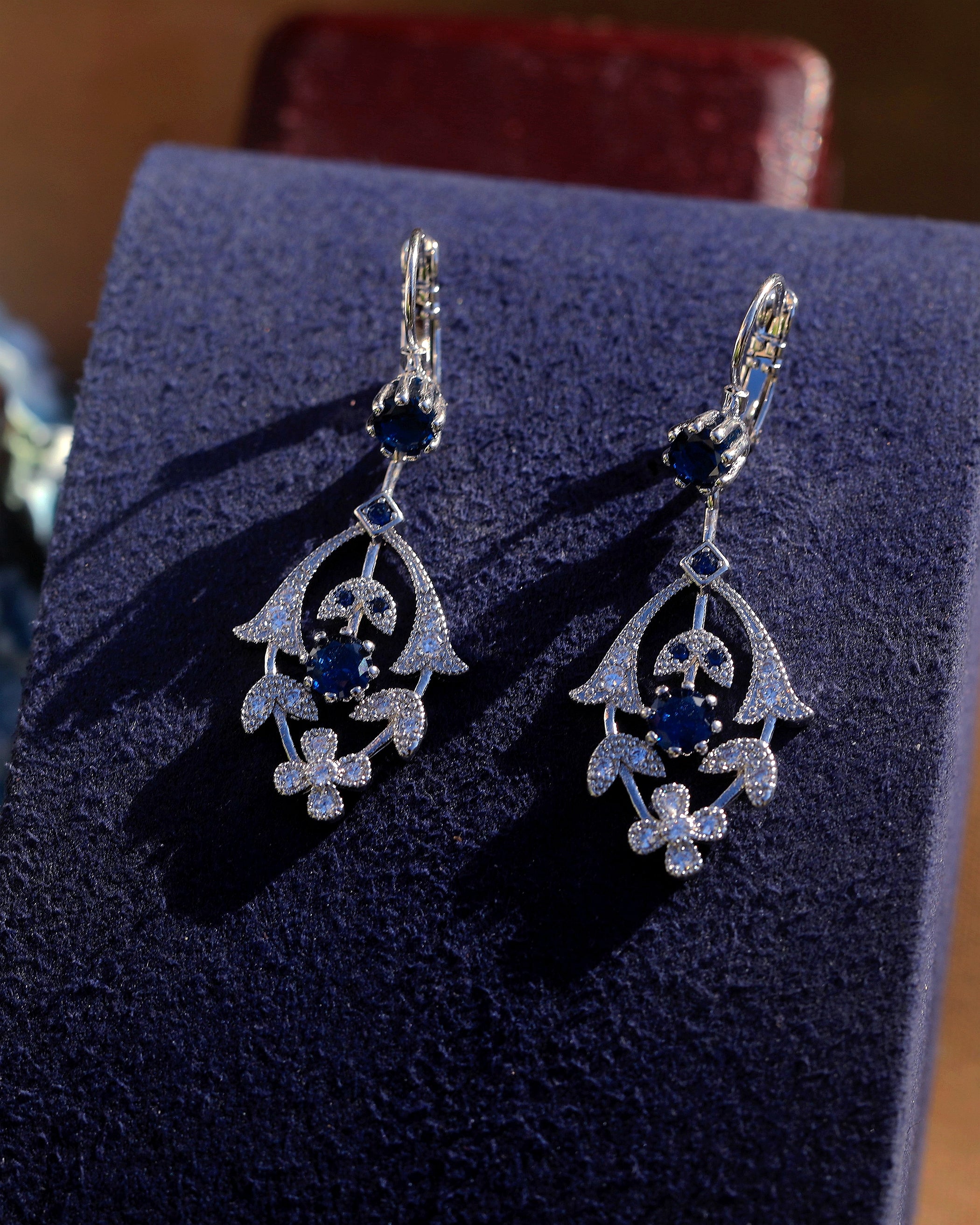 Earrings Lever Back Silver Lily Flower CZ White Green Blue SB1