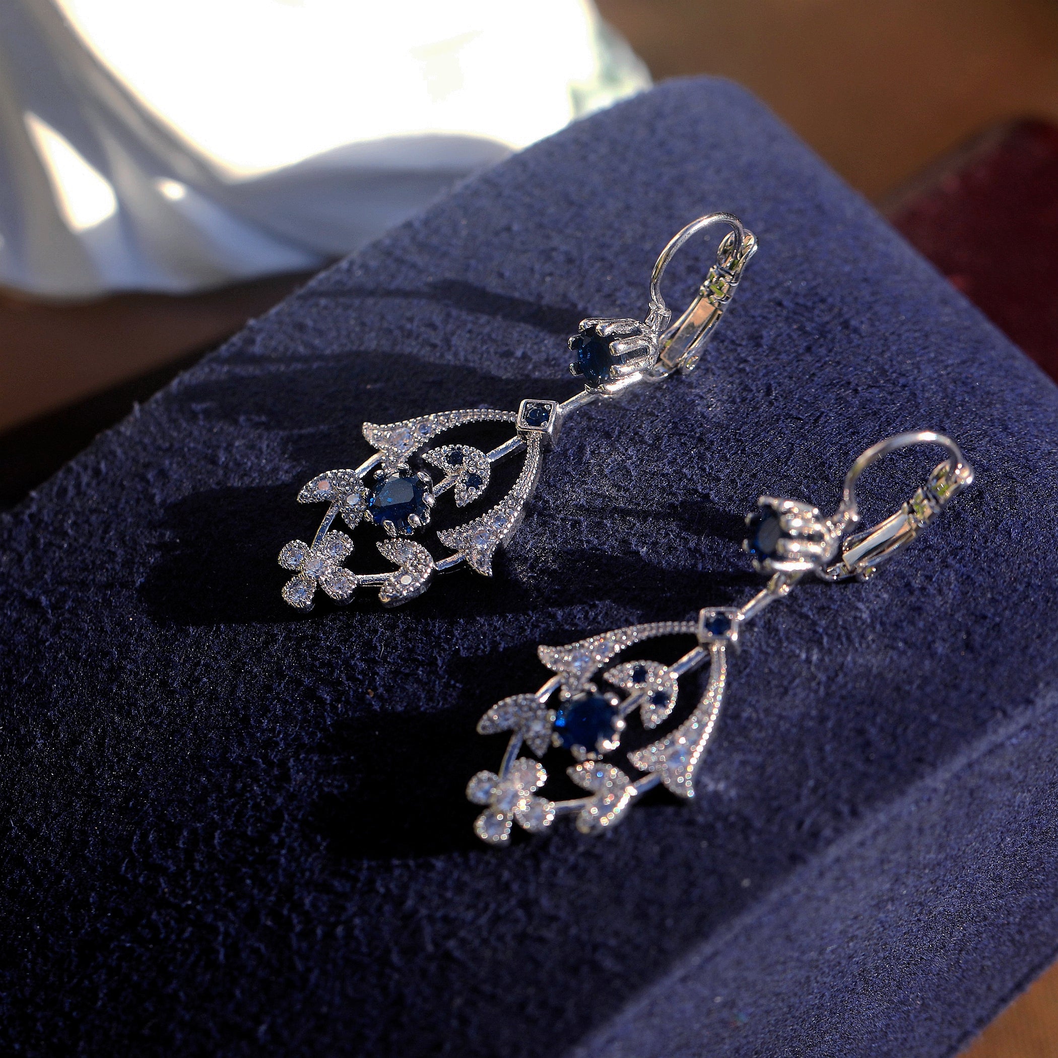 Earrings Lever Back Silver Lily Flower CZ White Green Blue SB1