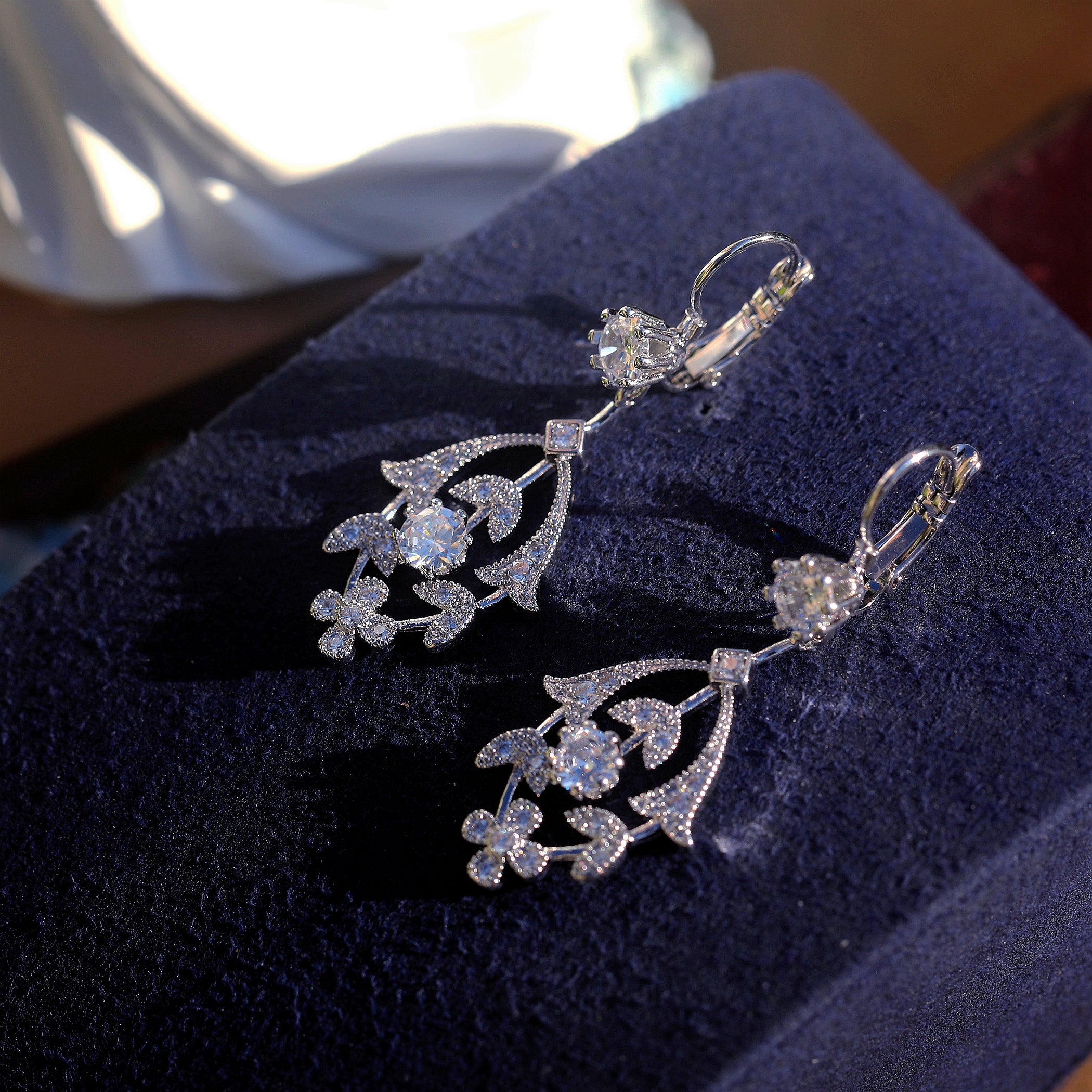 Earrings Lever Back Silver Lily Flower CZ White Green Blue SB1