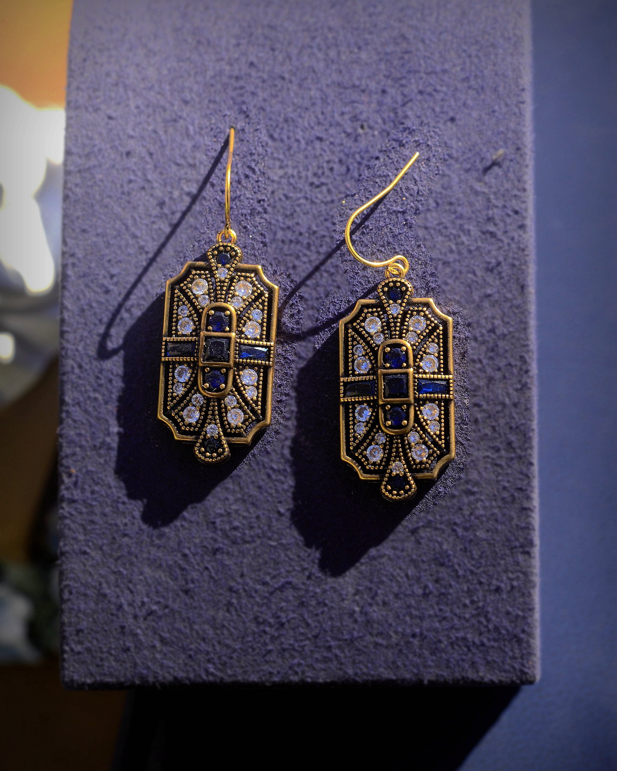 Earrings Gold Lever back Hook Art Deco CZ Blue White SC1