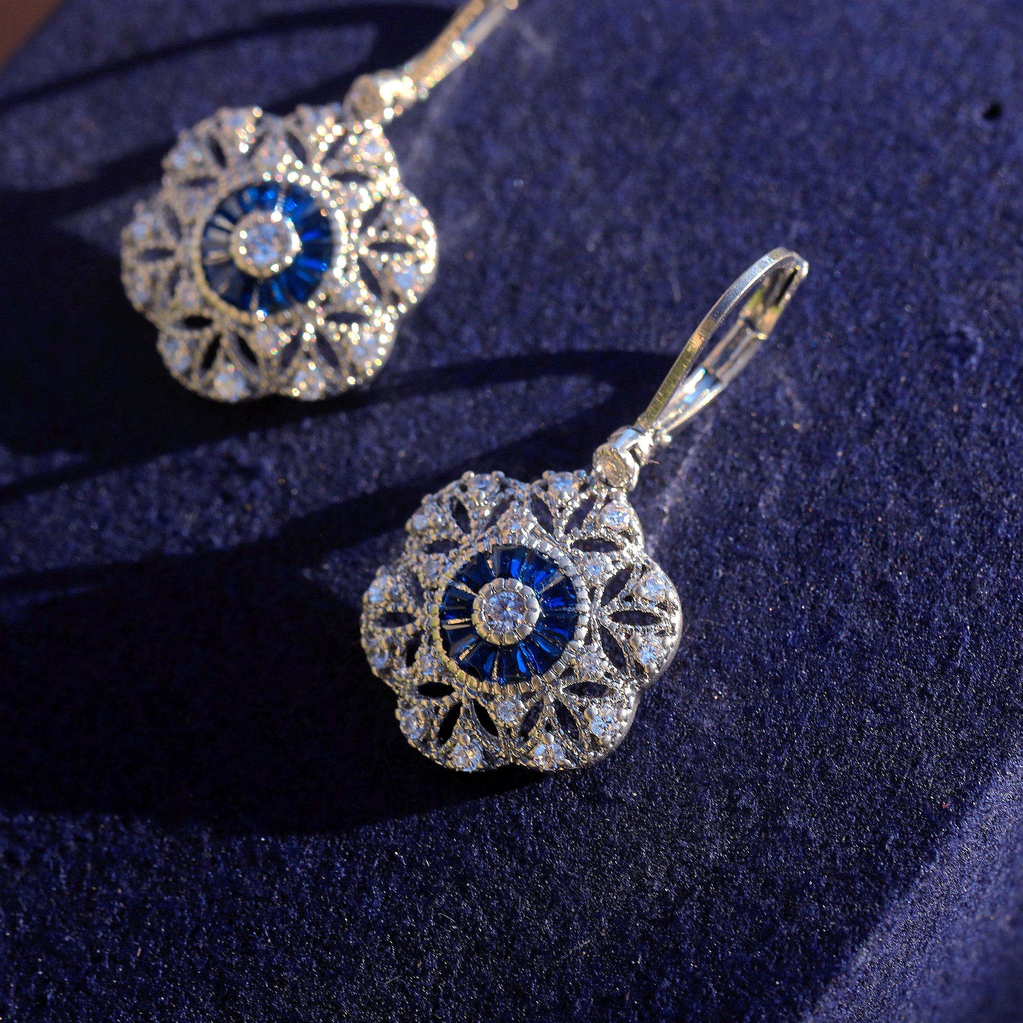 Earrings Silver Lever back Belle Epoque Floral CZ Blue SC1