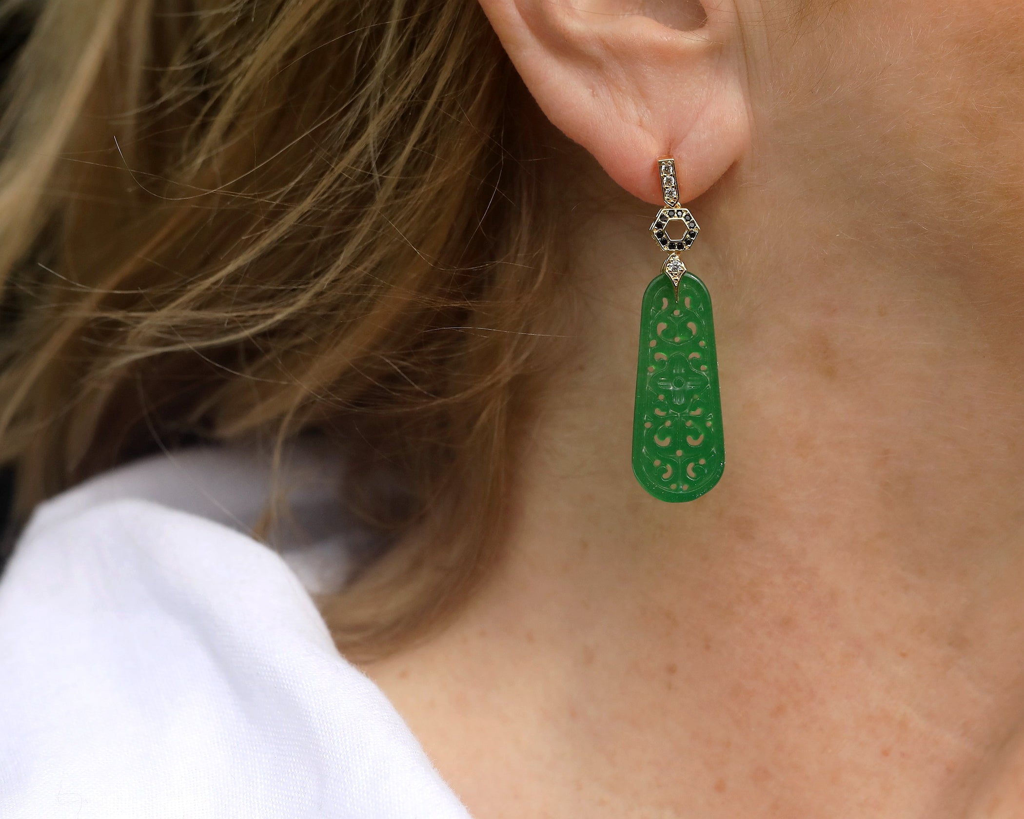 Earrings Post Clip on Green Jade CZ Noir SB2