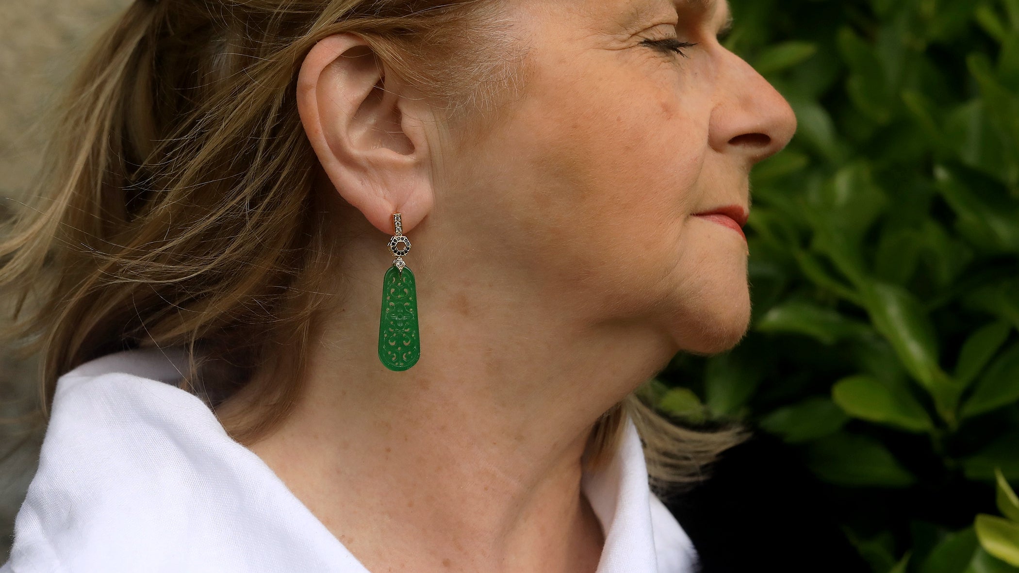 Earrings Post Clip on Green Jade CZ Noir SB2