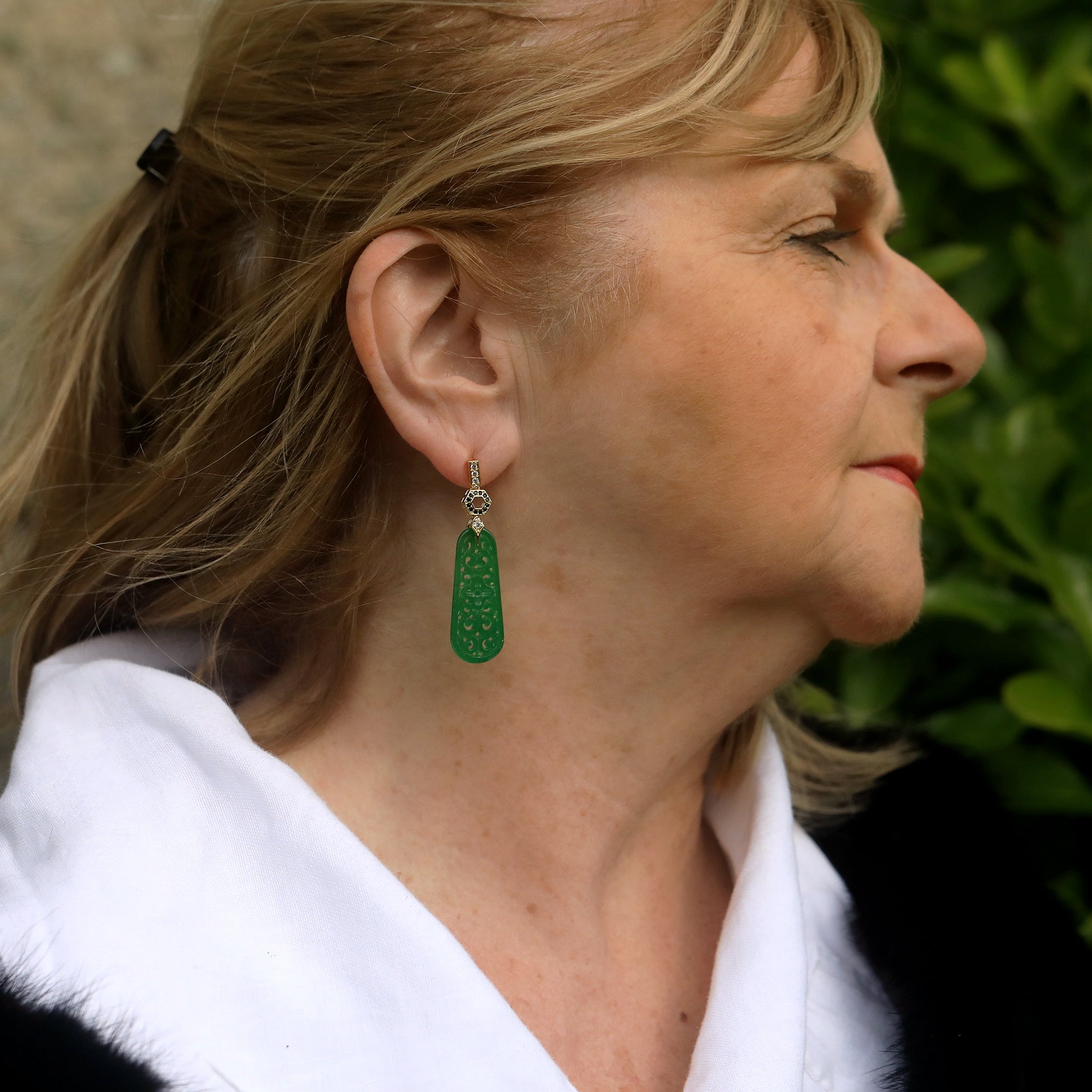 Earrings Post Clip on Green Jade CZ Noir SB2