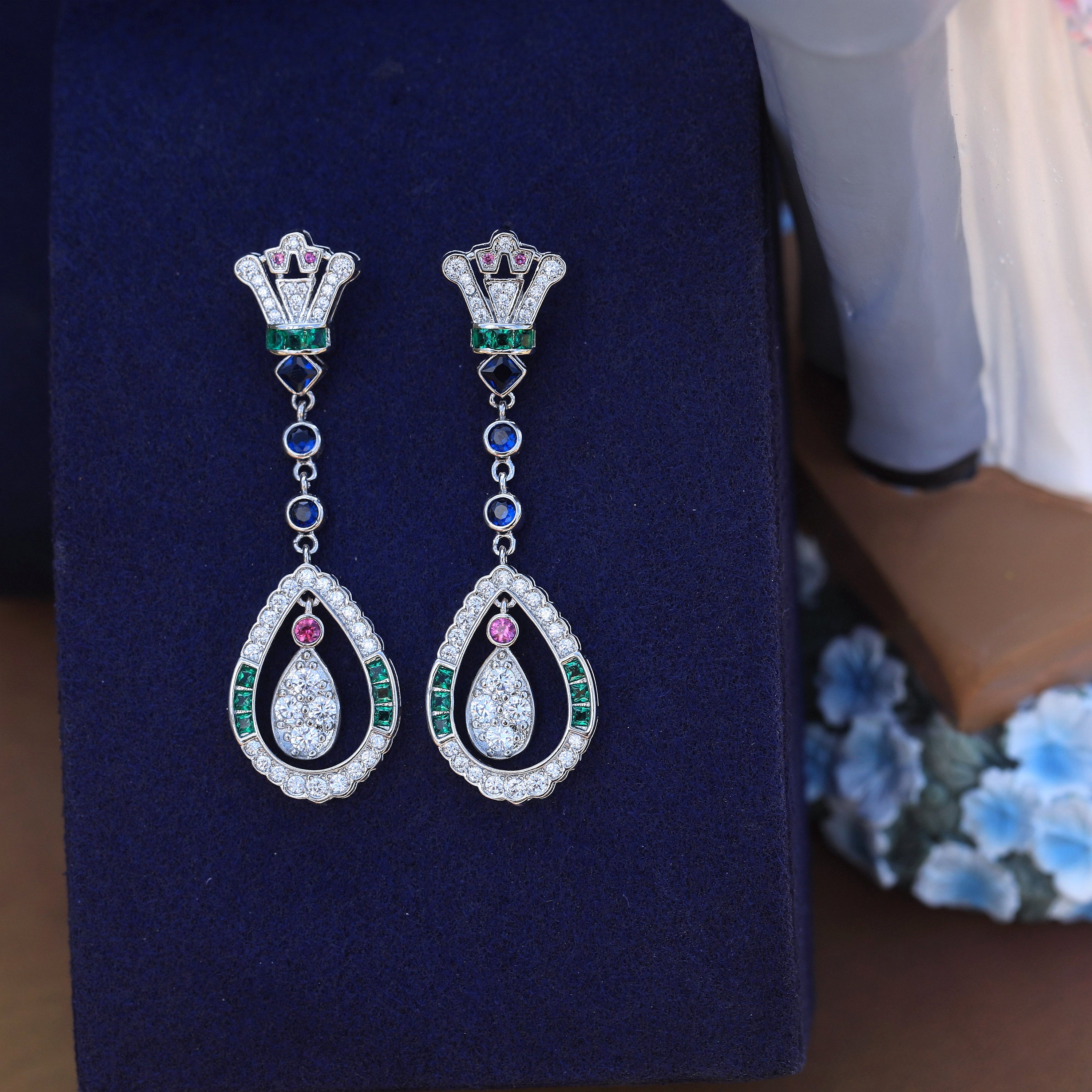 Earrings Post Clip on Silver Crown CZ White Green Blue SB1