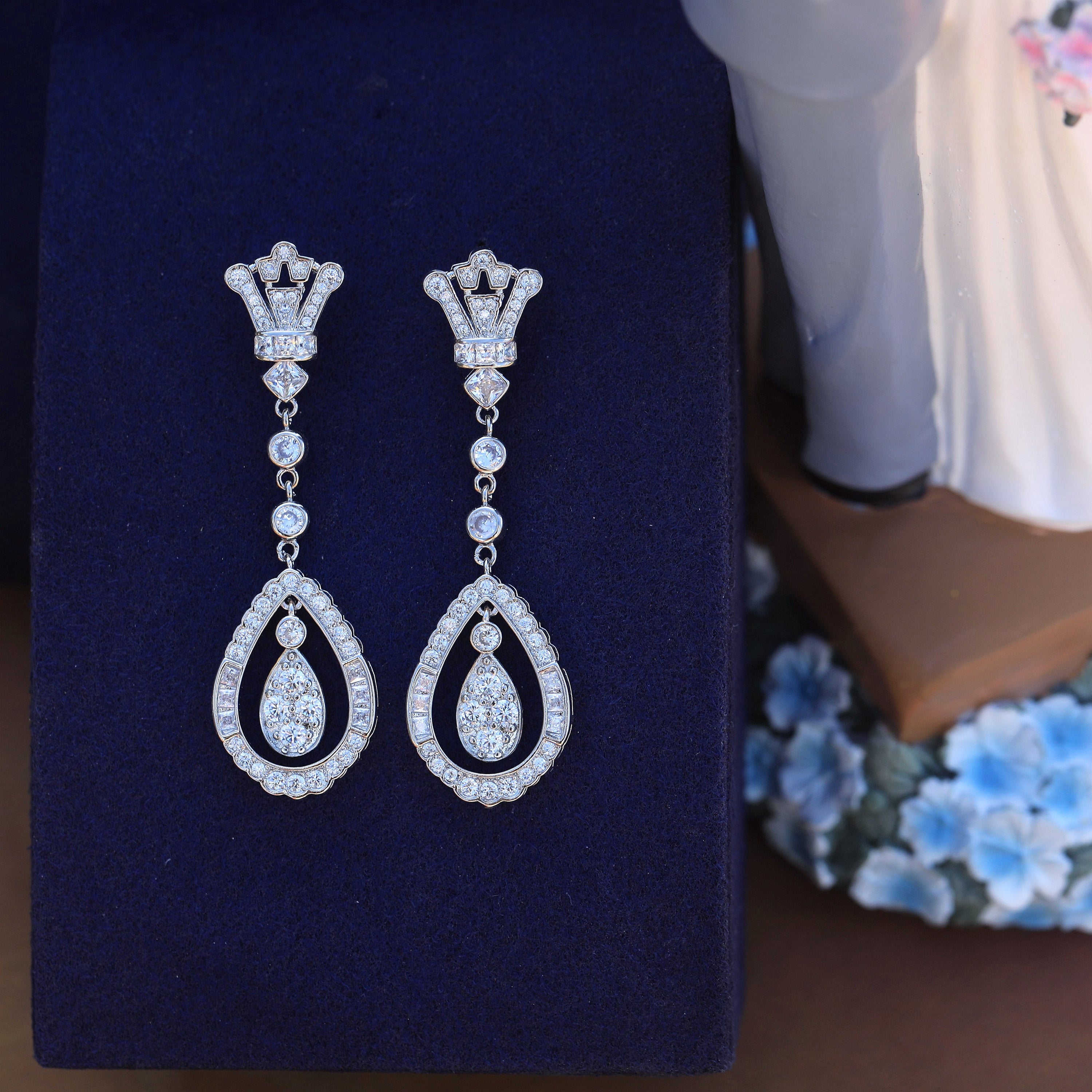 Earrings Post Clip on Silver Crown CZ White Green Blue SB1