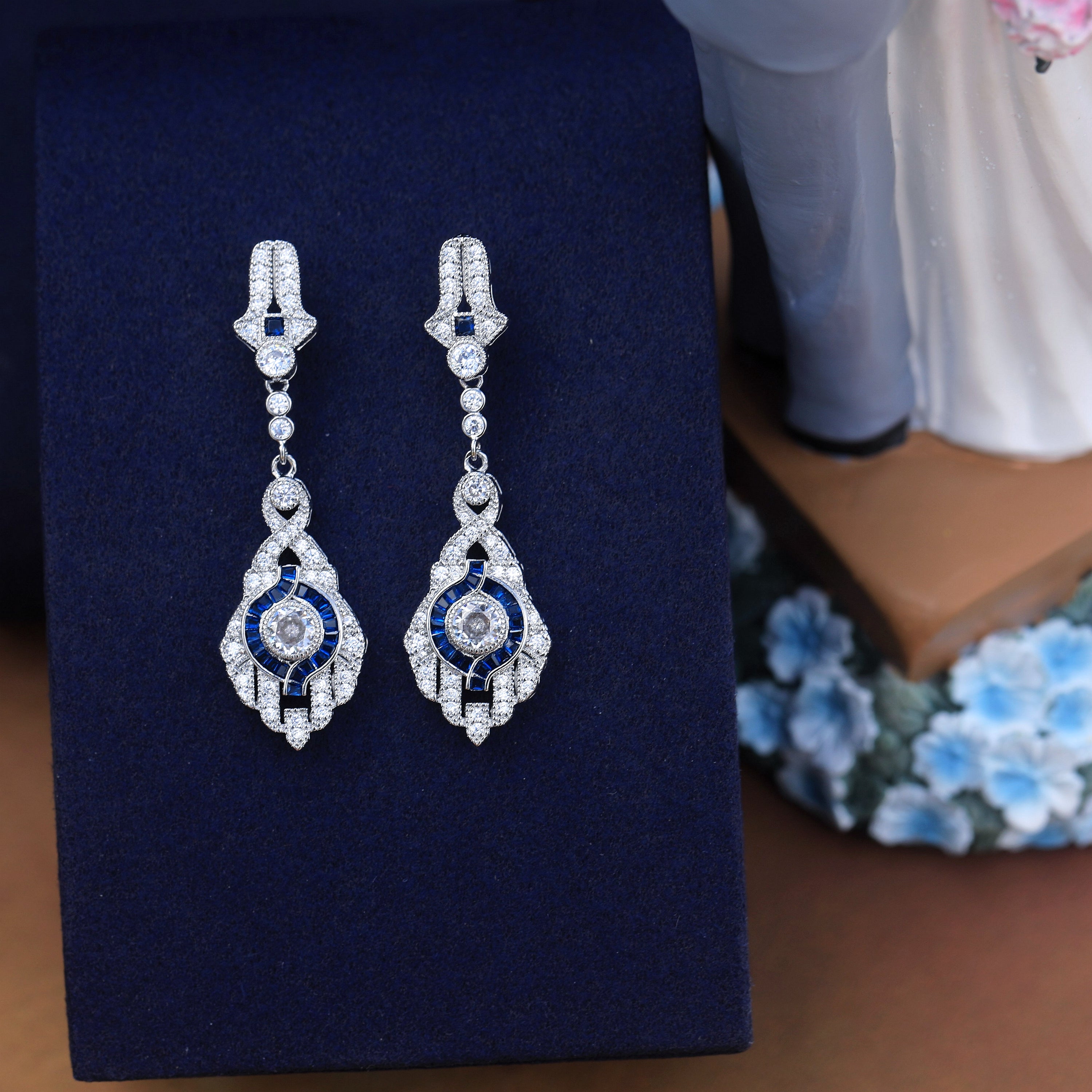 Earrings Post Clip on Silver Taï-chi Drop CZ White Green Blue SB1