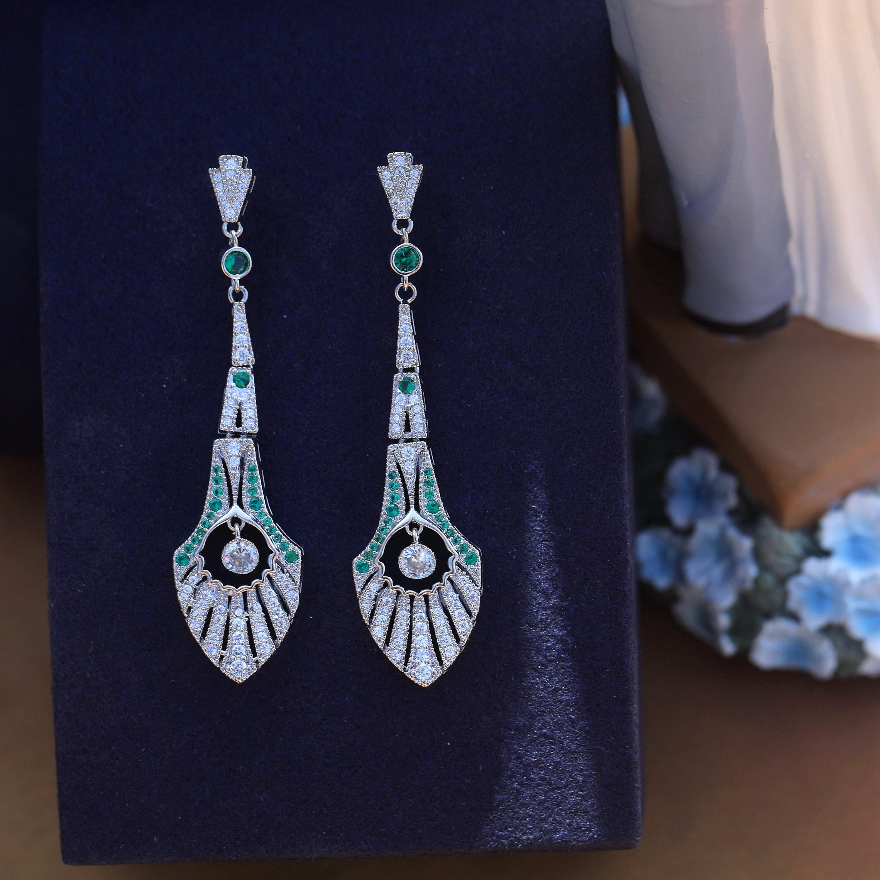 Earrings Post Clip on Silver Fan Drop CZ White Green Blue SB1