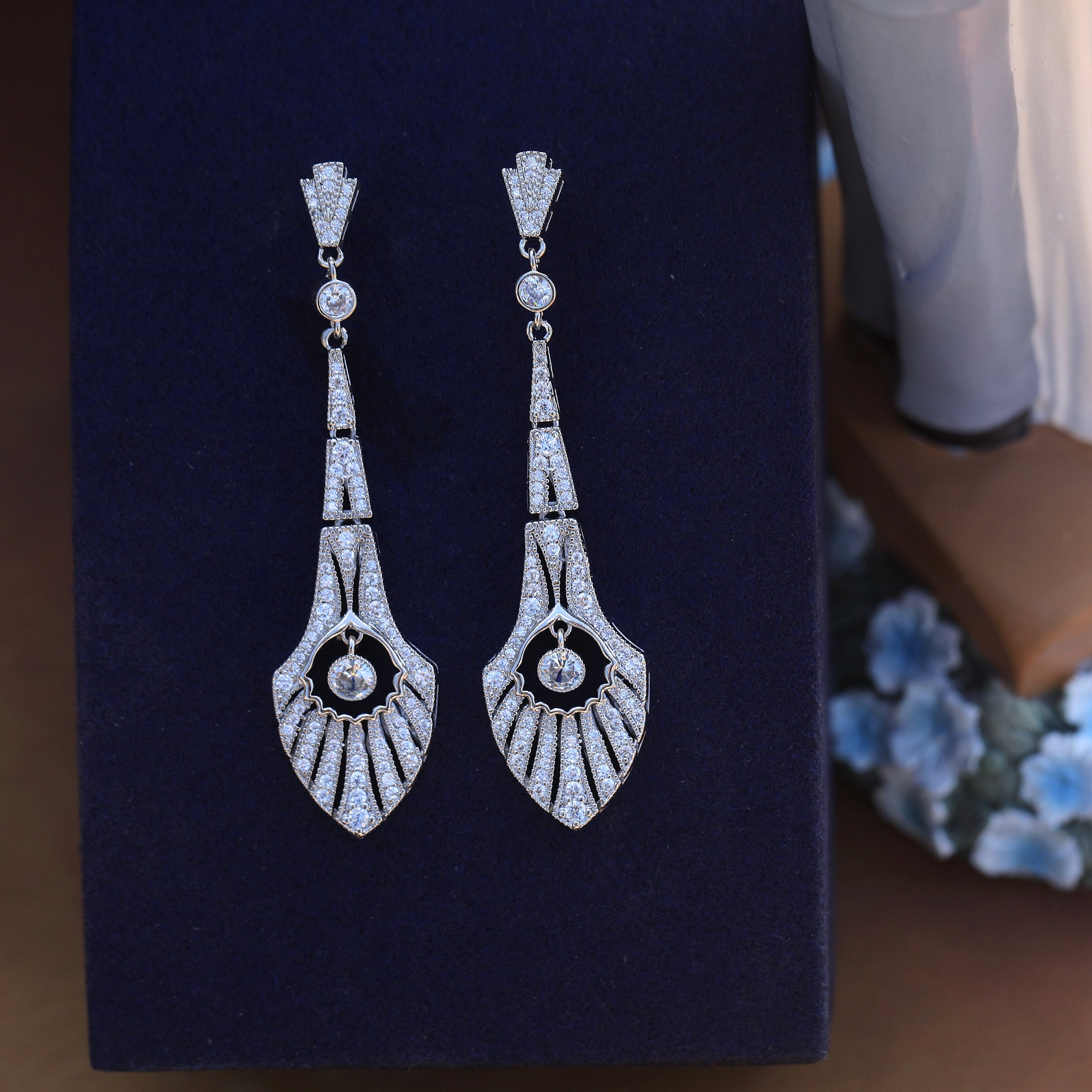 Earrings Post Clip on Silver Fan Drop CZ White Green Blue SB1