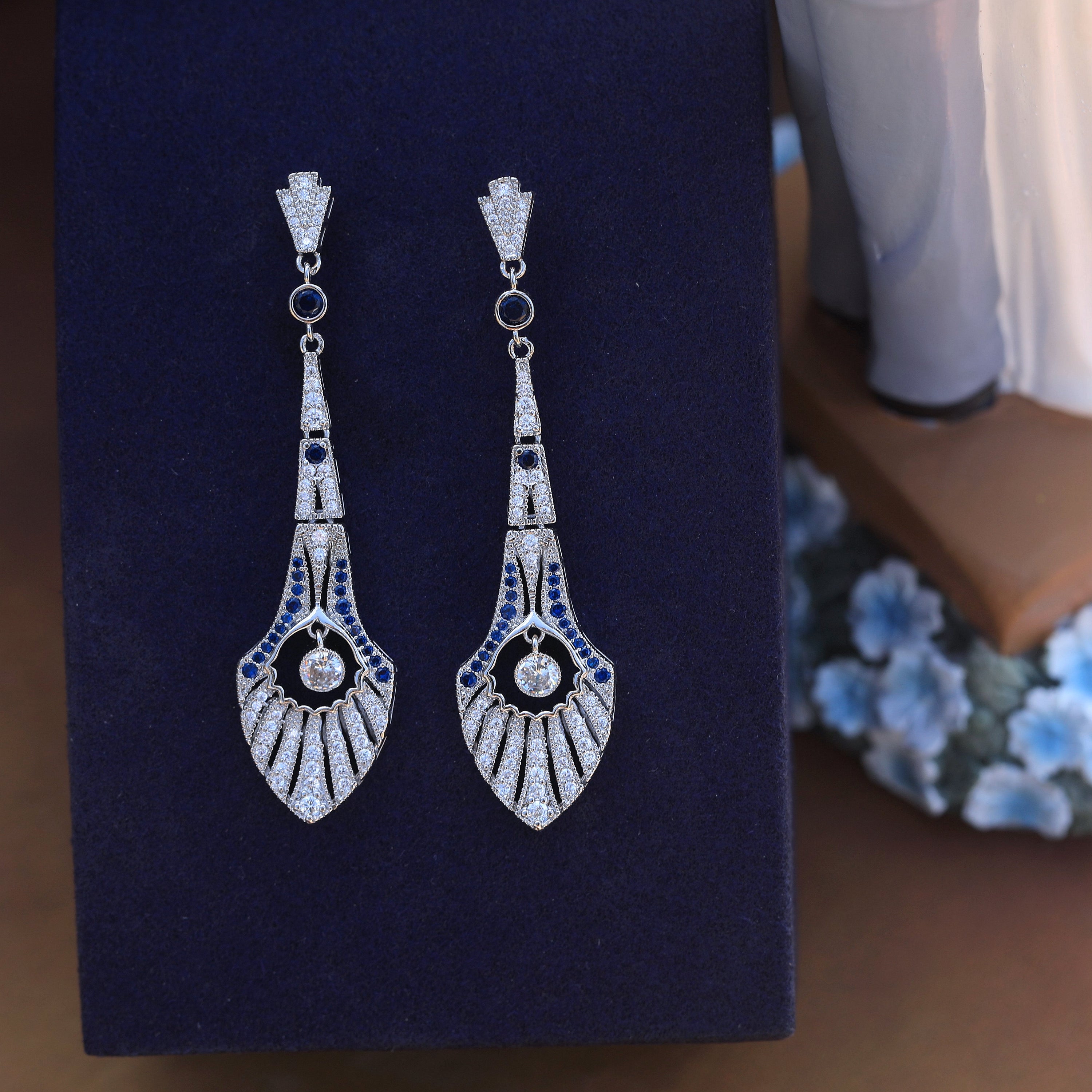 Earrings Post Clip on Silver Fan Drop CZ White Green Blue SB1