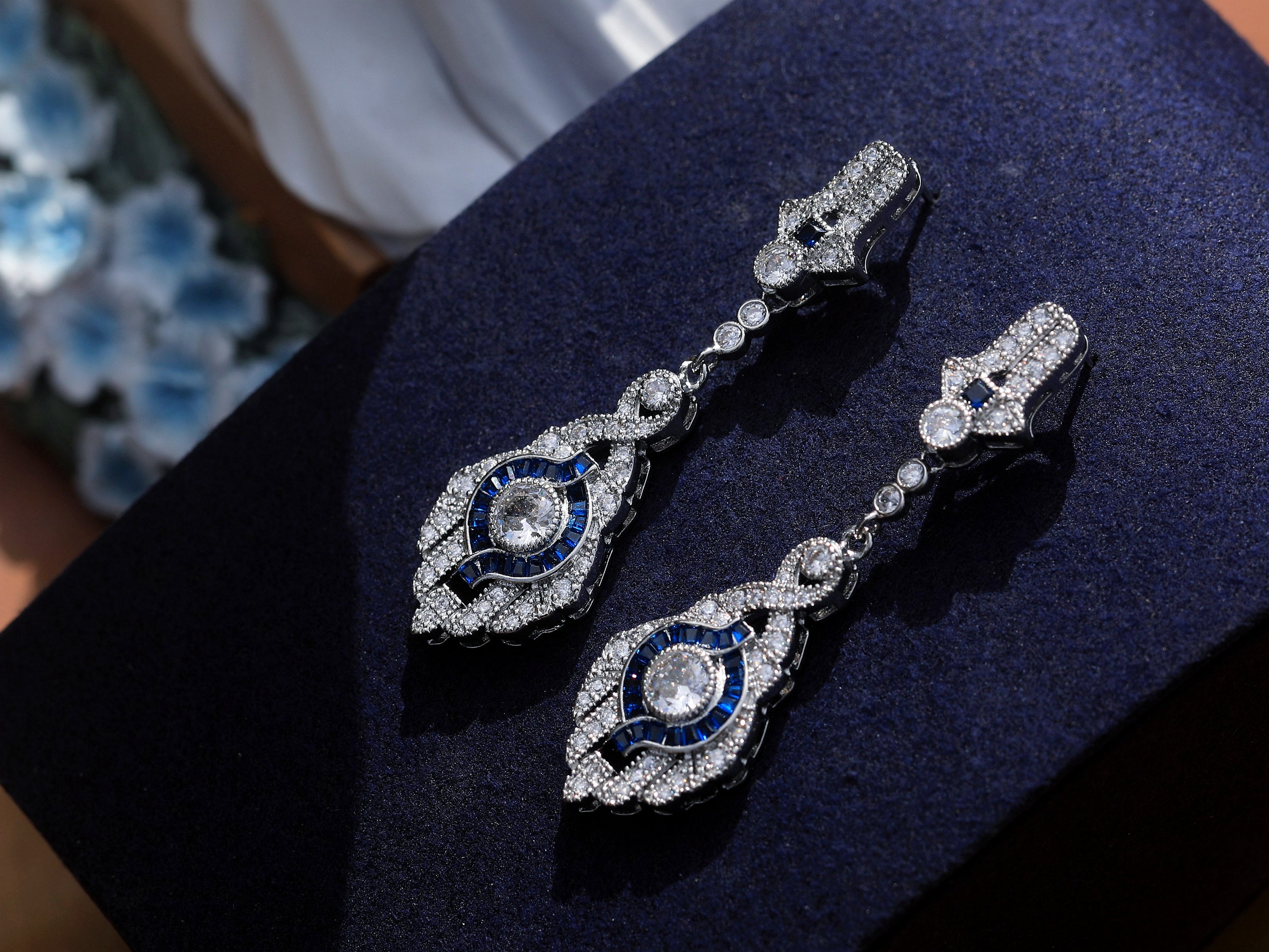 Earrings Post Clip on Silver Taï-chi Drop CZ White Green Blue SB1