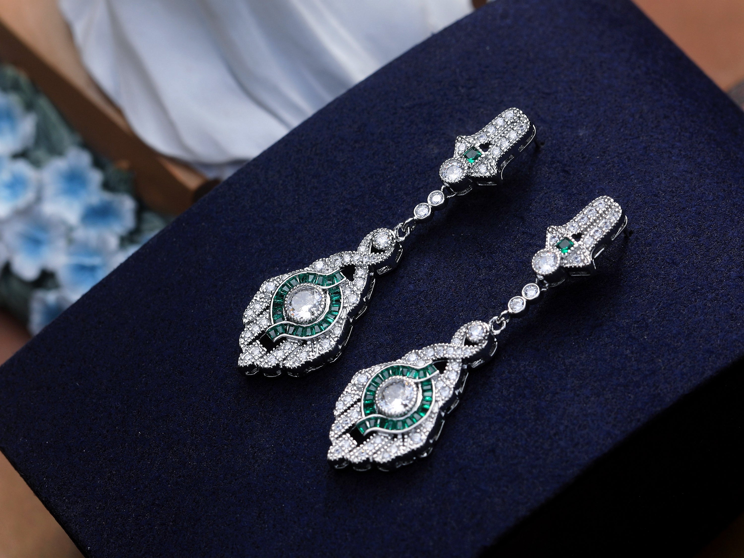 Earrings Post Clip on Silver Taï-chi Drop CZ White Green Blue SB1