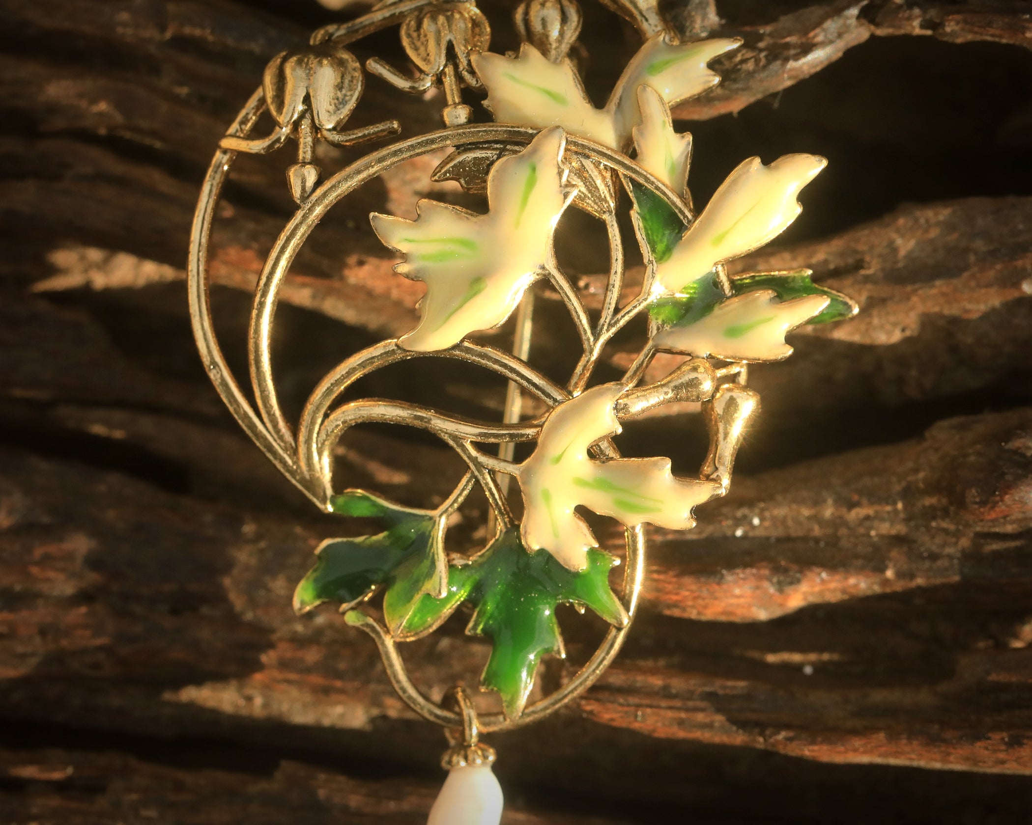 Necklace & Brooch Art Nouveau Baroque Pearl Leaves Enamel QD10